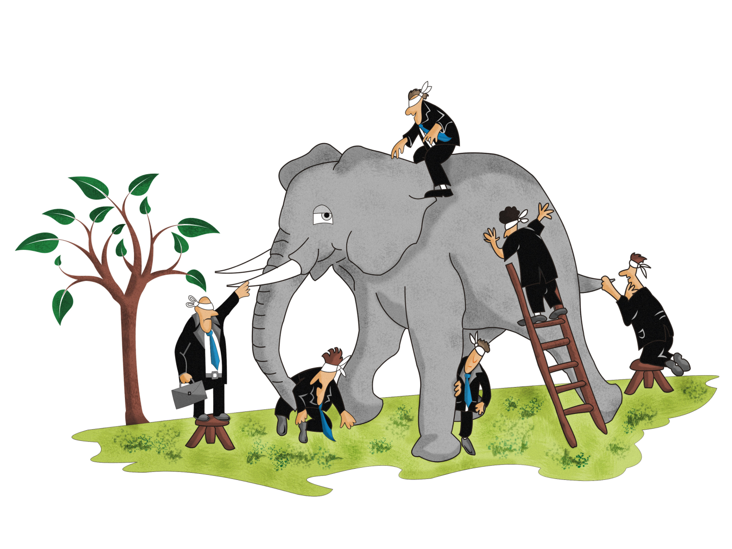 A picture of 6 blindfolded men around an elephant trying to work out what it is.